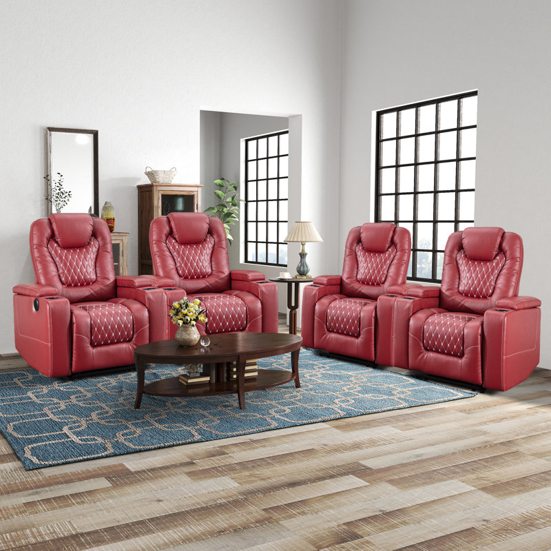 Fauteuil inclinable individuel de luxe en similicuir de 35,04 po Dartee avec porte-gobelets, rangement pour accoudoirs et port USB (ensemble de 4)