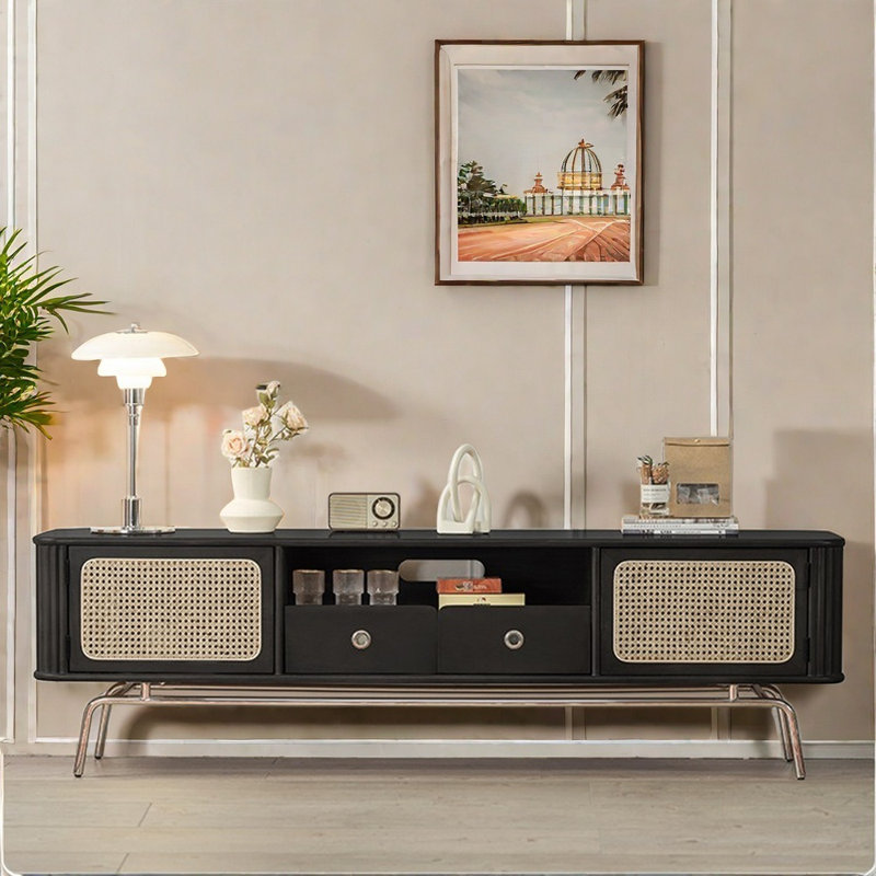 Meuble télé en rotin de style japonais, Noir, noir, noir, noir, L 82,68 po