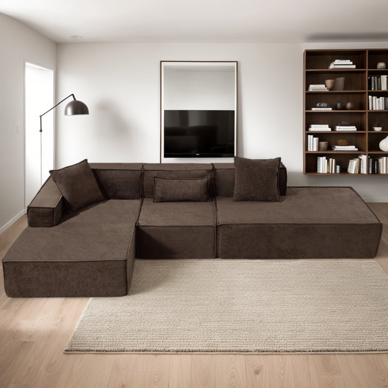 Canapé modulaire 3 pièces rembourré, Polyester brun, Accoudoir à gauche (vu de face)