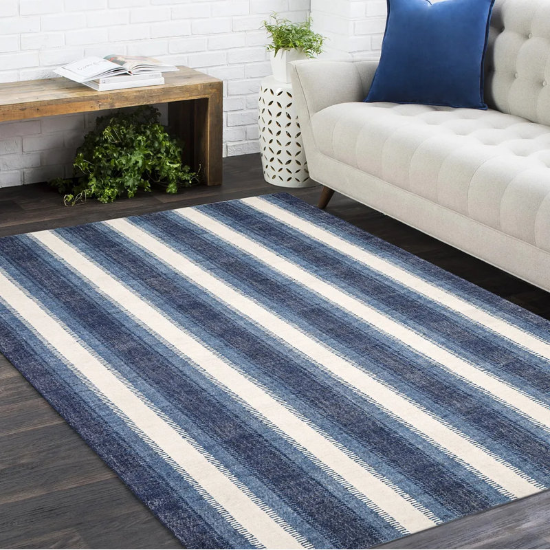 Tapis rayé bleu tissé à plat Viceme, Rectangle 8 pi x 10 pi