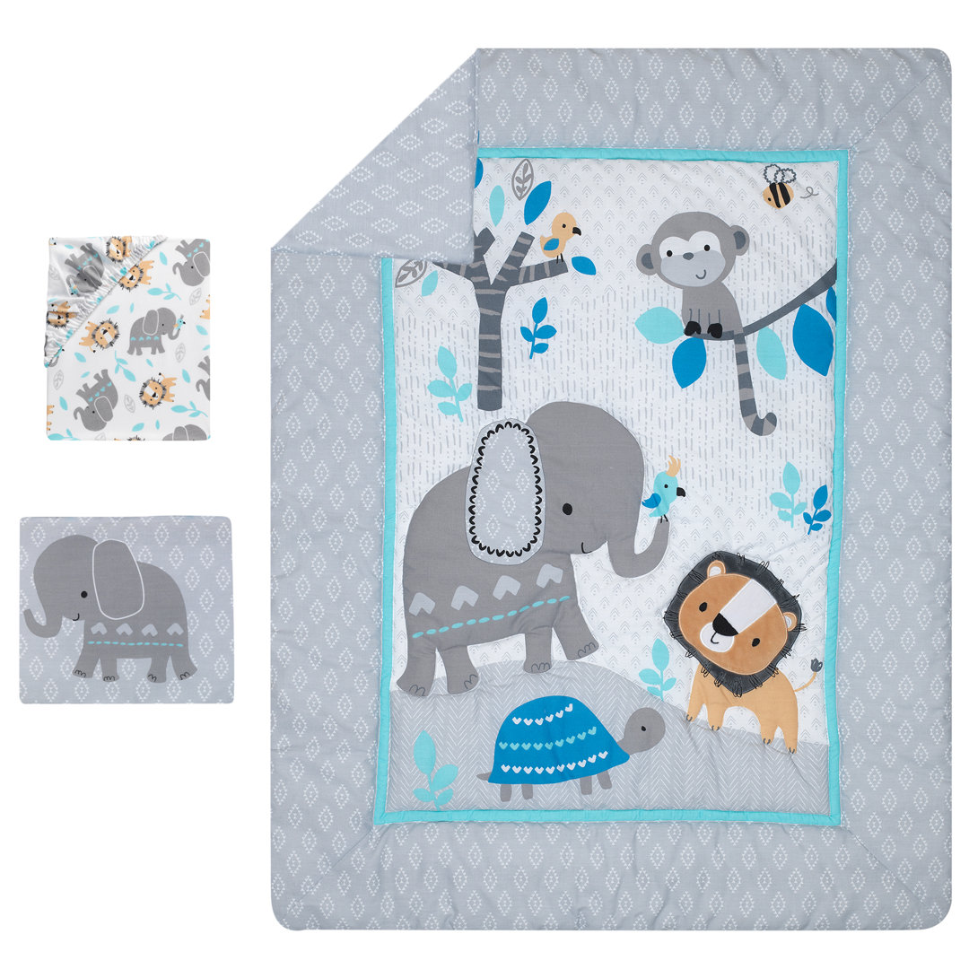Jungle Fun Gray/Blue/White Elephant, Lion and Monkey 3-Piece Baby Nursery Crib Bedding Set Bedtime Originals