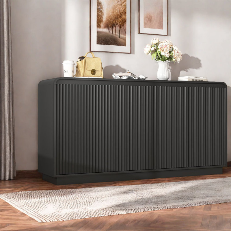 Meuble télé moderne à cannelures noires, panneau de particules robuste, conception élégante pour le divertissement à domicile