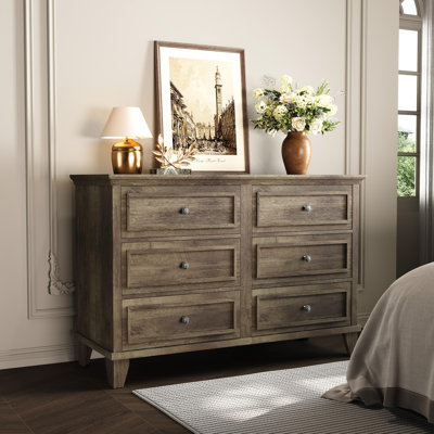 Modern 6 Drawer Wide Wooden Dresser - 47''Large Storage Chest with Exquisite Metal Handles - Double Dresser & TV Stand for Bedroom, Hallway, Living Room-Gray,2-Parcel Sent