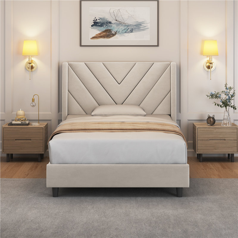 Permelia Upholstered Bed Tufted Headboard with Wing Side, Beige, Twin
