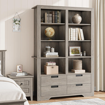 Très grande bibliothèque à 6 niveaux avec 4 tiroirs de rangement, grande armoire autoportante avec tablettes ouvertes profondes, bibliothèque de style campagne moderne pour le bureau à domicile, ivoire clair