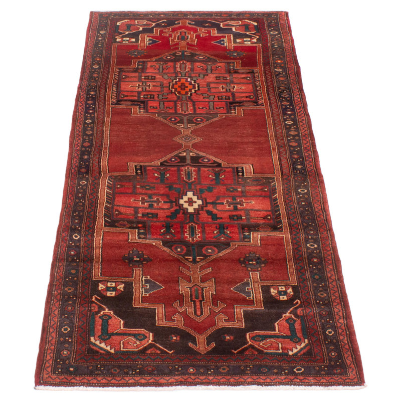 Tapis de couloir rouge en laine noué à la main de conception unique 3 pi 8 po x 10 pi Jesse-James
