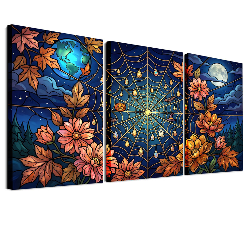 Toile d'araignée vitrail avec fleurs et Halloween, ensemble de 3 toiles, H 24 po x l 16 po x 3 pièces