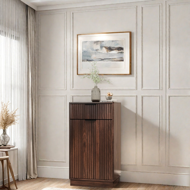 Armoire à poubelle inclinable avec tiroir et poignées en métal, Noyer