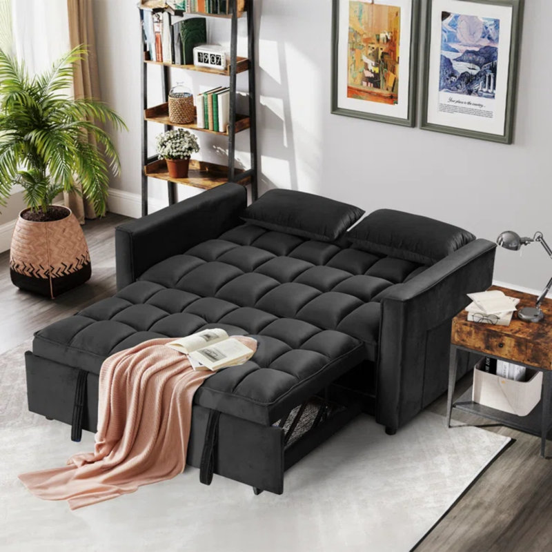 55.2'' Wide Modern Convertible Sofa Bed With Reclining Backrest And Pillows (Set of 2), Black