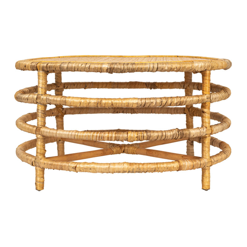 Table basse ronde en rotin et feuille de bananier