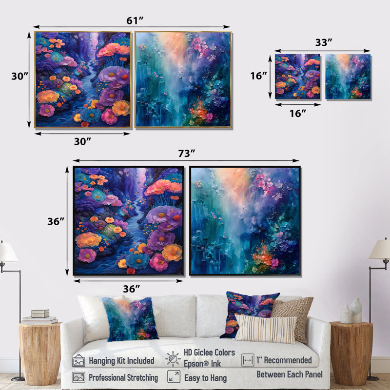 «Blue Coral Sea Floor Symphony III» - art mural corail - ensemble de 2 décorations murales modernes, H 16 po x l 33 po