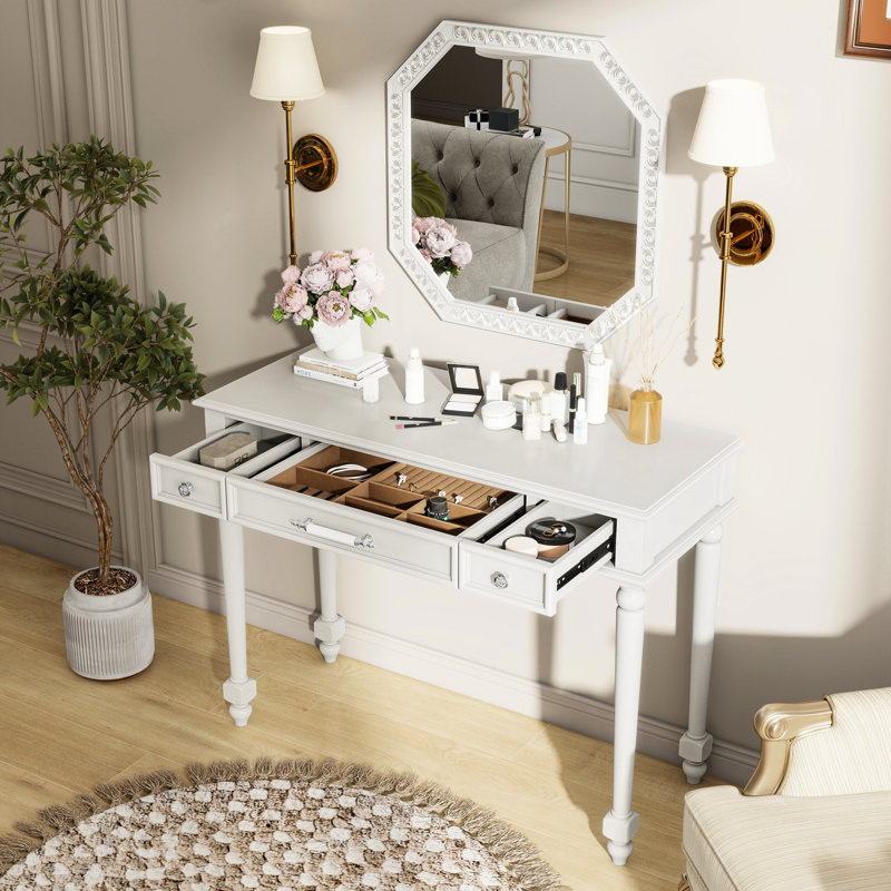 Vintage Makeup Desk With Silver - Finished Frame And 3 Drawer Jewelry Storage, Perfect For Living Room, Bedroom Or Foyer, Solid Construction Stylish Dressing Octagonal Mirror Drawers Bedroom, Room