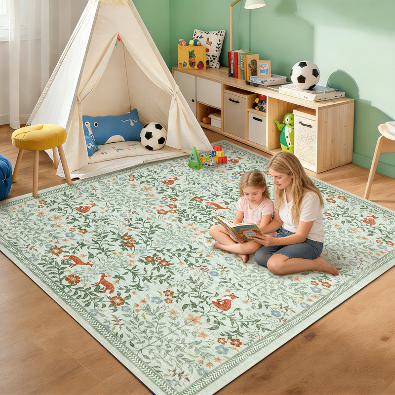 Tapis floral lavable à la machine avec envers en caoutchouc durable pour le salon, Green, Rectangle 8' x 10'