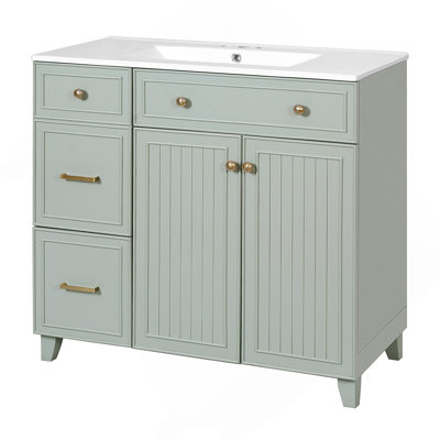 Meuble-lavabo moderne avec lavabo en céramique, plusieurs tiroirs, tablettes réglables, portes à fermeture en douceur pour un rangement efficace dans les petites et moyennes salles de bain