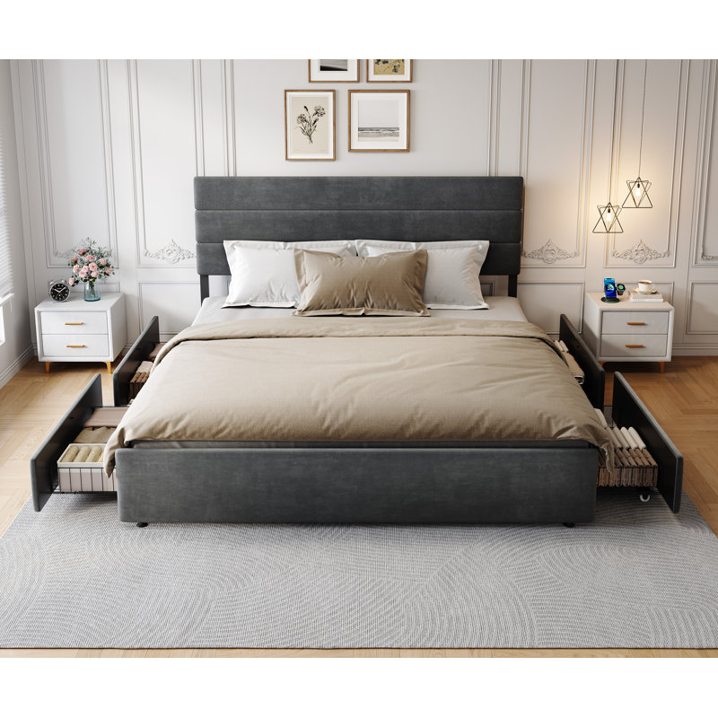Candler Modern Bed With 4 Storage Drawers And Headboard, Velvet Upholstered Platform Bed, Sturdy Metal & Wooden Slats Support, No Box Spring Needed, Easy Assembly