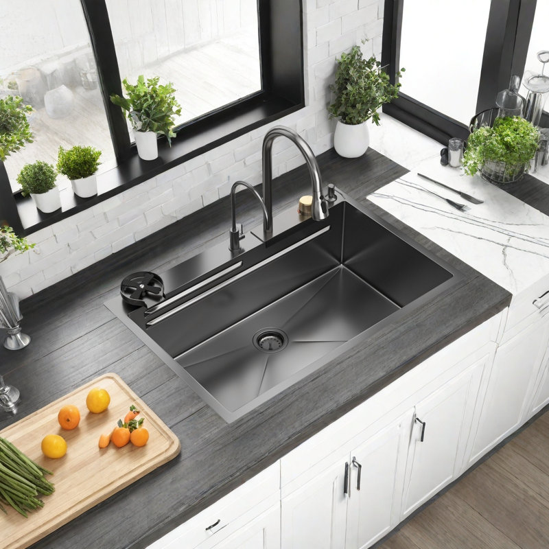 33x22 Inch Gunmetal Black Kitchen Sink with 3-Mode Waterfall Faucet - 16G Stainless Steel Drop-In Workstation Sink Set Includes Cup Washer, Drying Rack & Cutting Board