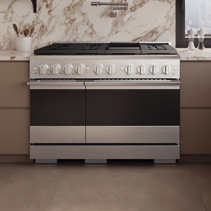 ZLINE Autograph 48 in. Marino Dual Fuel Range with 8 Burner DuoPro Cooktop and Black Accents, Satin Stainless Steel