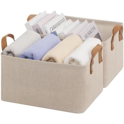 Bacs de rangement, bacs de rangement en tissu pour tablettes, paniers de rangement avec cadre en métal, paniers de placard et bacs avec poignées, brun et beige, paquet de 2