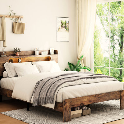 Wood Platform Bed Frame For Queen With Led And Storage Headboard 2 Ports, Quiet Functionality, No Box Spring Needed, Simple Assembly Steps, Ample Under Area Of Charging, Noise - Working Condition,