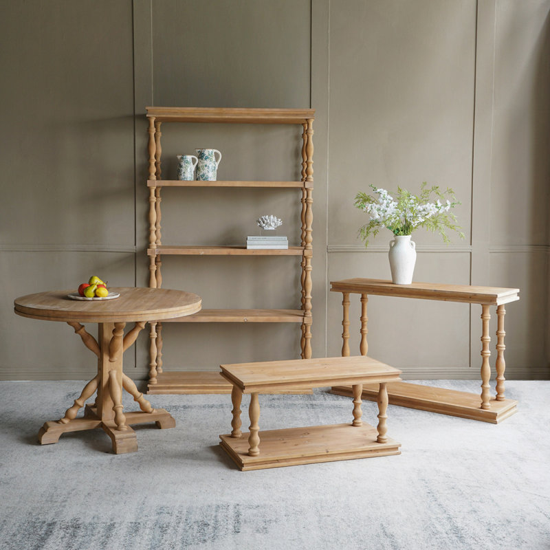 Table de salle à manger ronde 42 po x 32 po, table de cuisine en bois avec base balustre sculptée, style campagnard / rustique / français