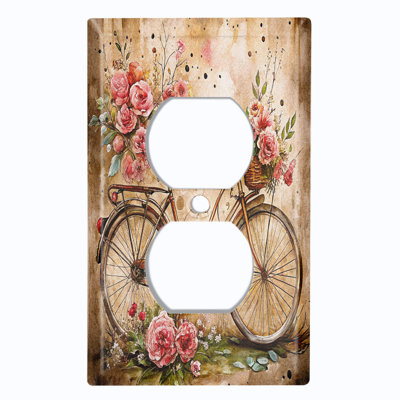 Couvercle de plaque d'interrupteur en métal; Bascule à deux bandes US standard - Art floral rétro à bicyclette