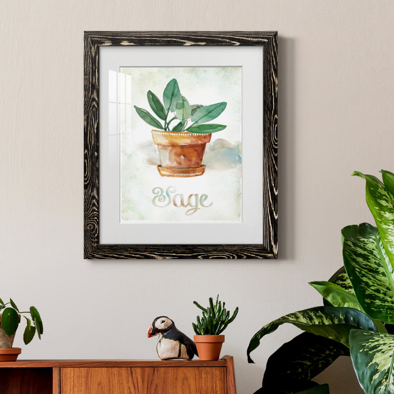 Sauge en pot - peinture, Papier avec cadre noir, H 44 po x l 31 po x P 1 po