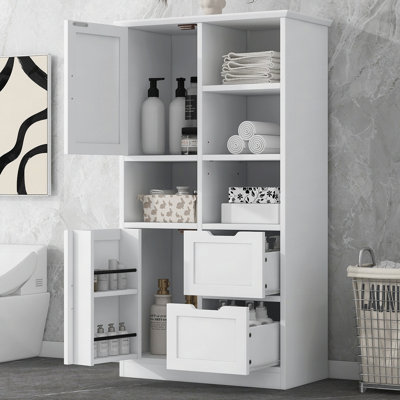 Armoire de rangement pour salle de bain avec portes et tiroirs, plusieurs espaces de rangement, style autoportant, tablettes ouvertes, tablettes réglables