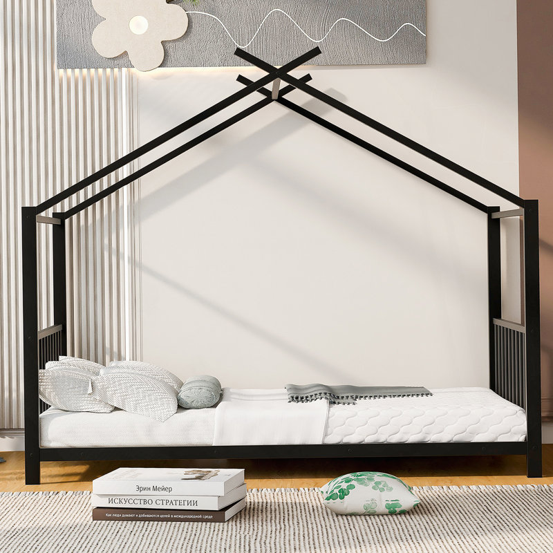 Twin Size Metal House Platform Bed, Black