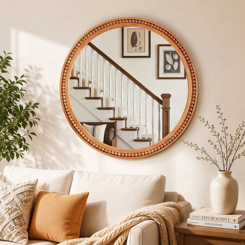 Miroir mural jaune brun 30 po x 30 po avec cadre en bois massif perlé, miroir rustique