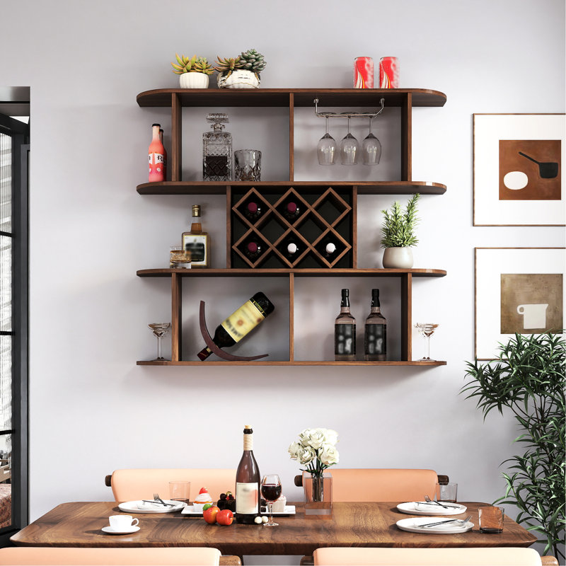 Support à vin mural multifonctionnel à 3 niveaux avec support en verre pour tablette de bar à la maison, panneau de particules en noyer, 46,47 po de profondeur, 8,84 de largeur, 39,95 de hauteur, 50,6 lb de poids