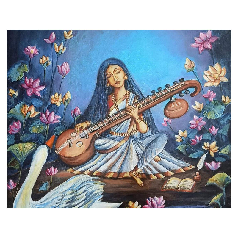 Déesse Saraswati la tranquillité Divine | Peinture acrylique sur toile tendue