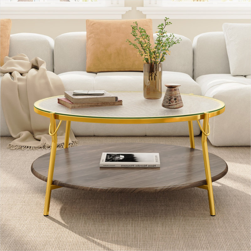 Table basse avec rangement à deux niveaux, plateau en verre et finition en noyer brun sur base dorée, ronde de 29,9 pouces