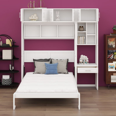 Murphy Bed With Desk, Top Cabinet And Storage Shelves, Space Saving Foldable Bed