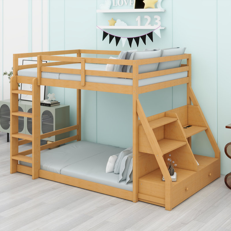 Lit superposé contemporain avec éclairage à DEL, ports USB intégrés et rangement étendu, Naturel