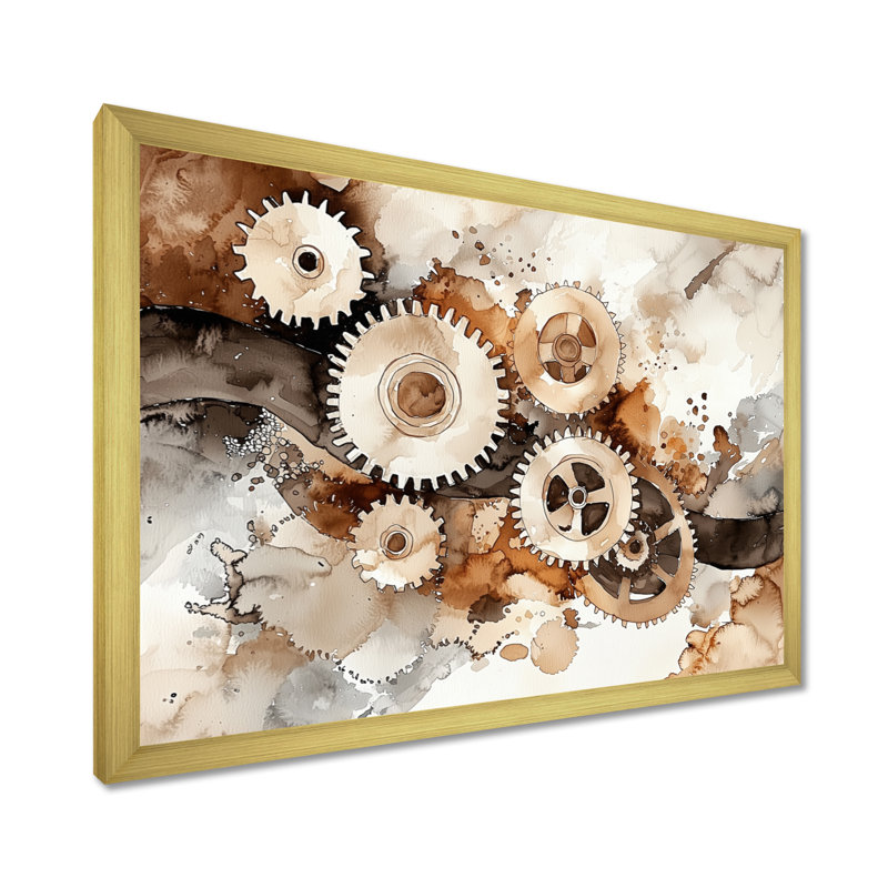 Gears and Cogs Of Innovation II - Innovation, art mural salon, H 30 po x l 40 po, Doré