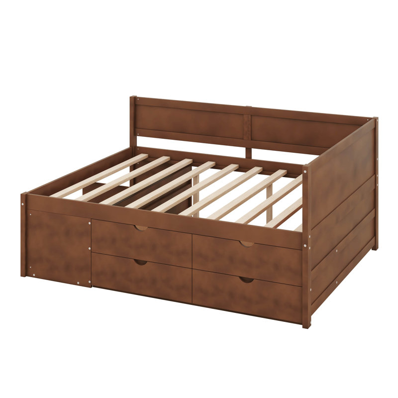 Lit de jour double avec 4 tiroirs et tablettes, cadre de lit plateforme en bois avec tête de lit en L et support à lattes, lit d'angle