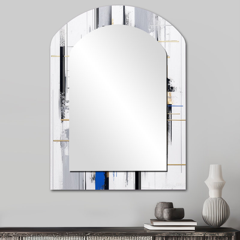 Blue Gold Bold Stripes II - Cubism Arch Mirror, Blue Asymmetrical Unique Wall Mirror, Printed Metal Art, 34" x 25"