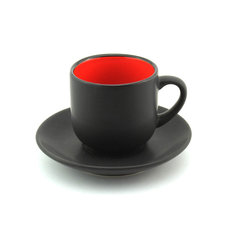 4 Oz Handleless Cup and Saucer Set, Black Speckled Double Espresso