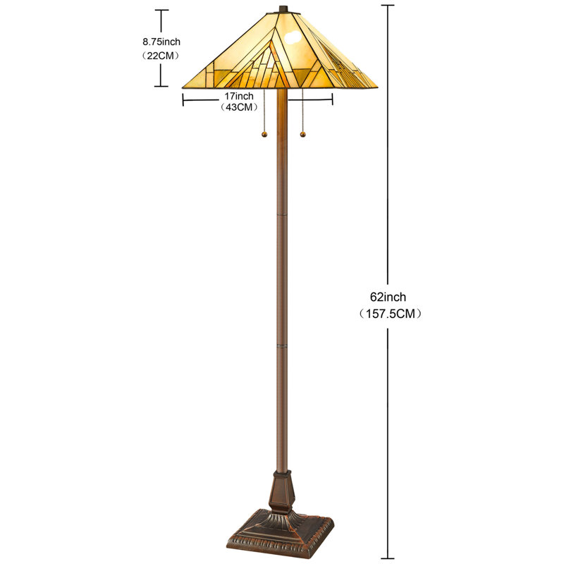 62" Two Light Traditional Shaped Floor Lamp With Geometric Stained Glass Empire Shade, Beige/Brown