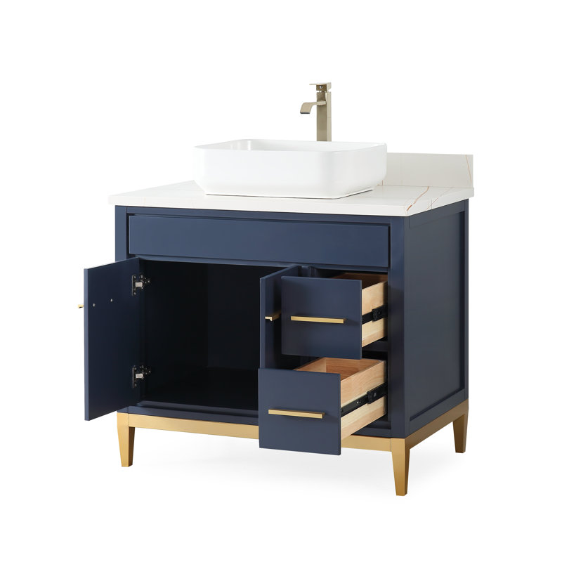Andreka 36'' Single Bathroom Vanity with Top, White, Navy Blue