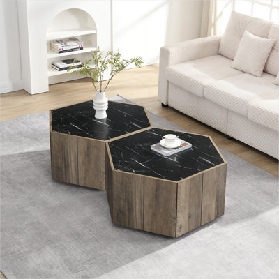 Table basse avec tiroirs dissimulés, panneau de fibres à densité moyenne noir mat et finition chêne brun clair, forme hexagonale pour le salon et les espaces de réception