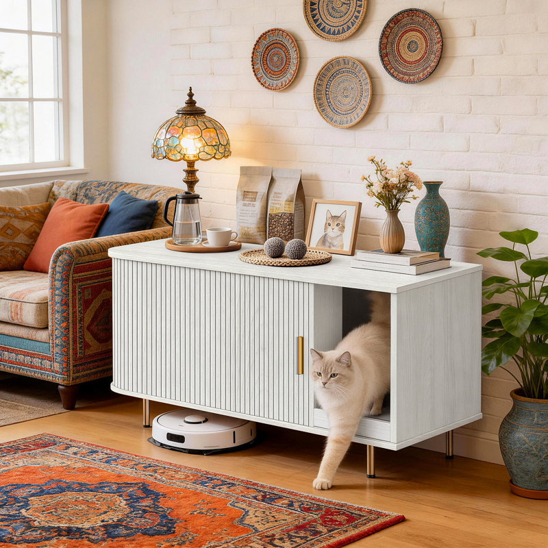 Enceinte de litière pour chat 38,5 "avec tablette à gratter et porte de tambour coulissante, Blanc