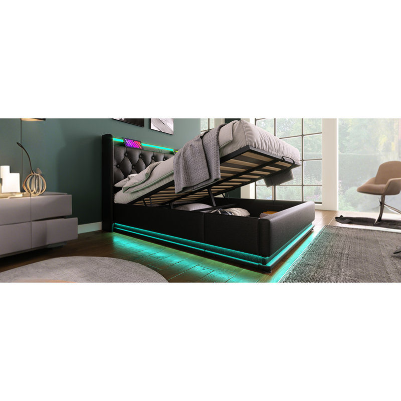 Grand lit tapissier grand format - 360 DEL, rangement hydraulique, Type-C, lit noir, charge Type-C, Pu Tempt, Noir, Grand lit
