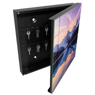 Wall mounted key box, Opens to the left, 30x30x5, Black, Mountains reflecting in the lake at world clock time, 