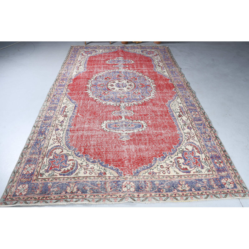 Grand tapis turc rétro rouge et bleu idéal pour la décoration intérieure et comme tapis décoratif tissé à la main
