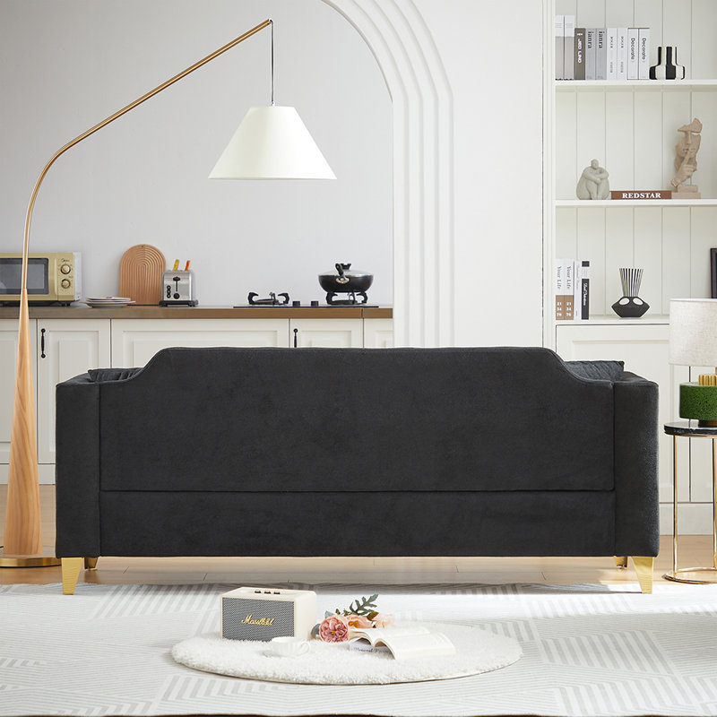 " mid-century modern chenille sofa | tufted buttons & copper nail armrest | 2 pillows | metal legs | stylish living room couch