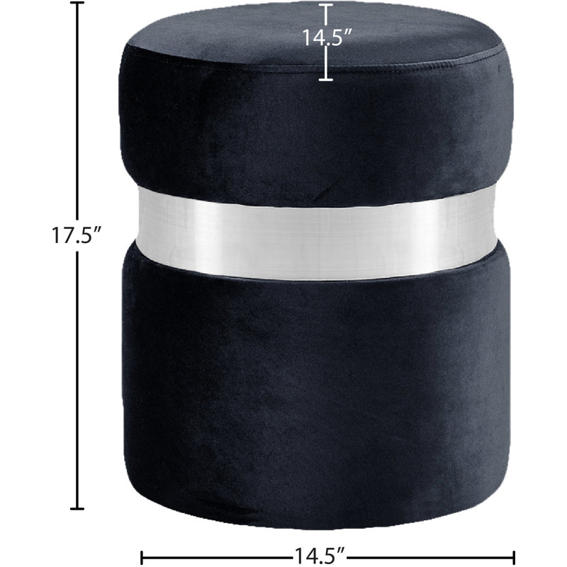 Hailey 14.5" Wide Velvet Round Cocktail Ottoman, Black Velvet, Chrome