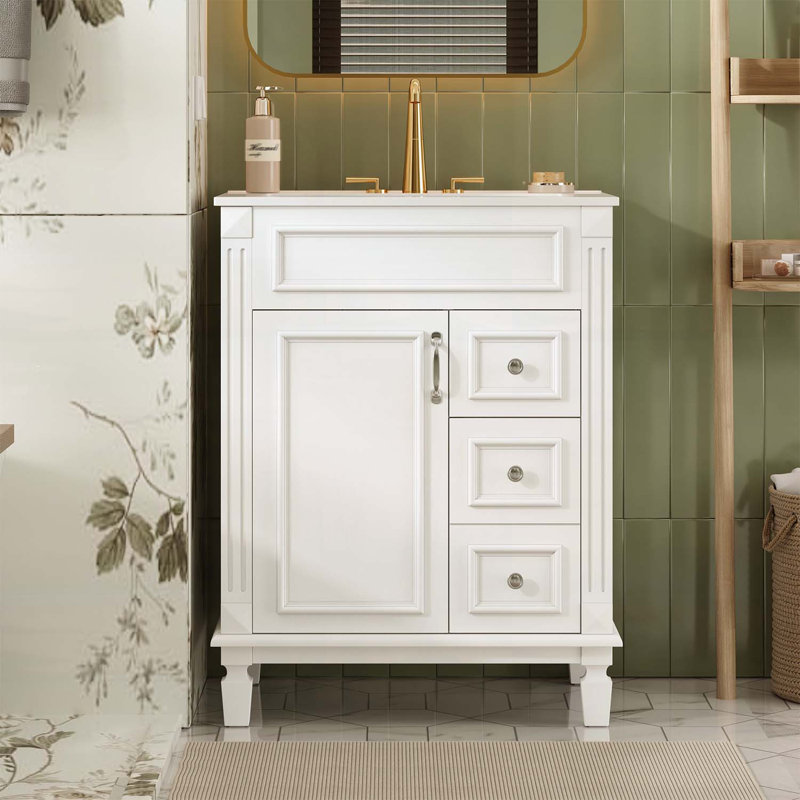 Meuble-lavabo 24 po avec lavabo, conception compacte, 2 tiroirs, tablette réglable, idéal pour les petits espaces, Blanc
