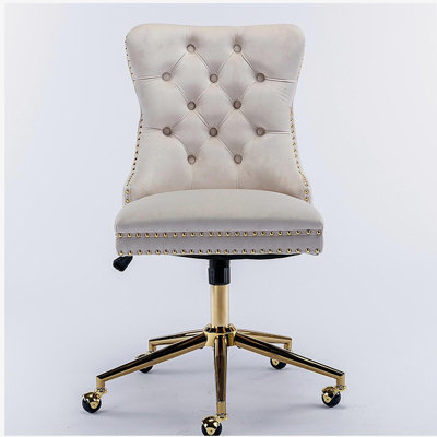 Furniture Office Chair,Velvet Upholstered Tufted Button Home Office Chair with Golden Metal Base,Adjustable Desk Chair Swivel Office Chair (Beige)