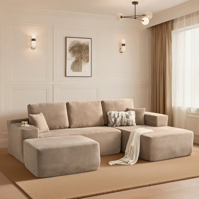 Boneless Compression Packed 3-piece Cloud Modular Corduroy Sectional Sofa With Ottoman – No Assembly Required